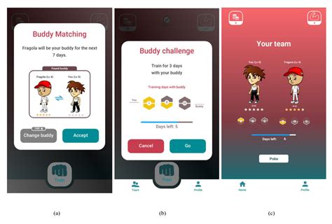 Screenshot of the app: Buddy Version (B). (a) the match with a new ...