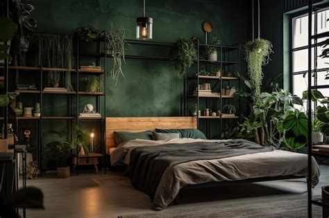 Premium AI Image | Cozy bedroom with vibrant green walls and lush ...