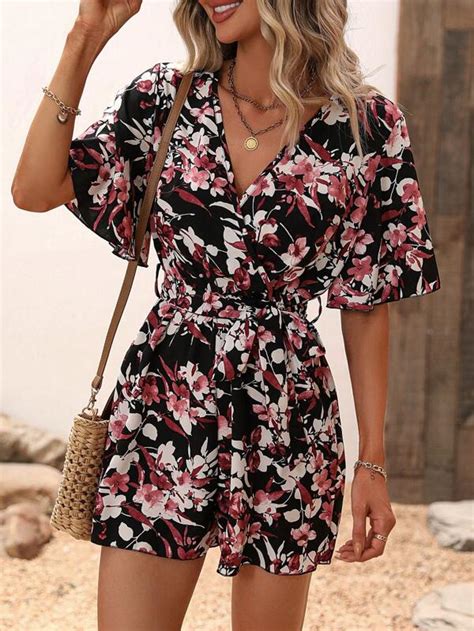 Shein Vcay Floral Print Butterfly Sleeve Belted Romper Shein Usa