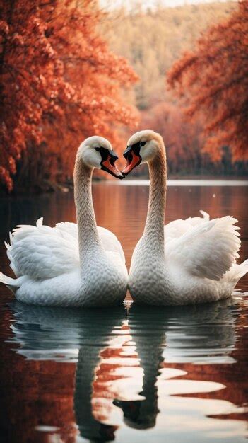 Coppia Di Cigni Bianchi Che Nuotano Sul Lago Formando Una Forma D Amore