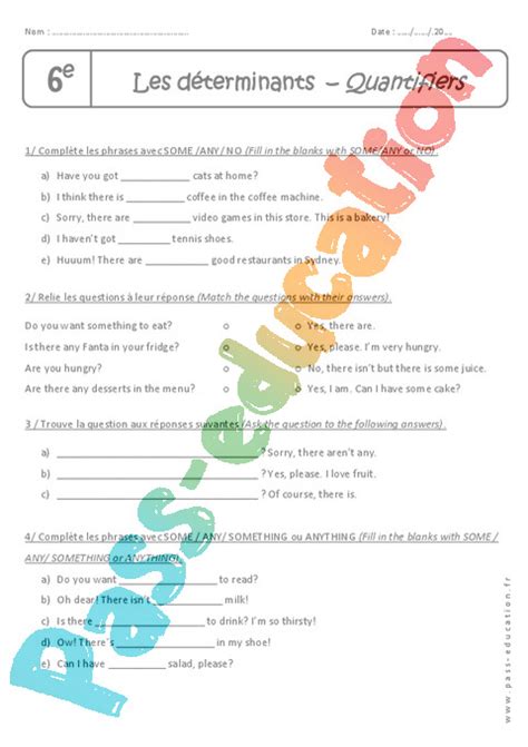 Exercice Déterminant Anglais 6ème Cycle 3 Pass Education