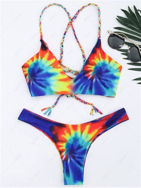 Tie Dye Braided Criss Cross Bikini Set BLUE Bikinis S ZAFUL