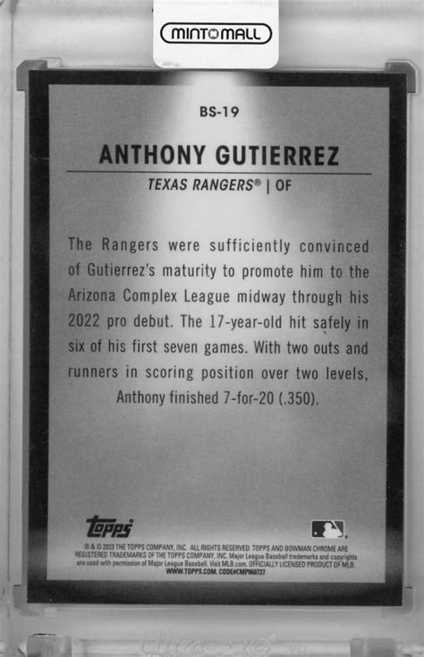 Mint Topps Bowman Texas Rangers Anthony Gutierrez