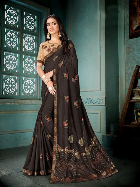 Brown Vichitra Silk Designer Printed Saree With Embroidered Blouse