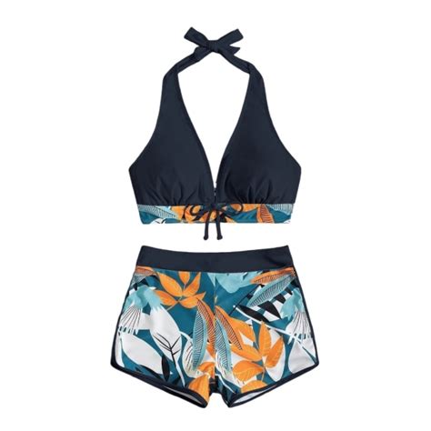 Hög midja bikini twist tvådelad baddräkt med hög hals med knutna print Baddräkt blommig baddräkt