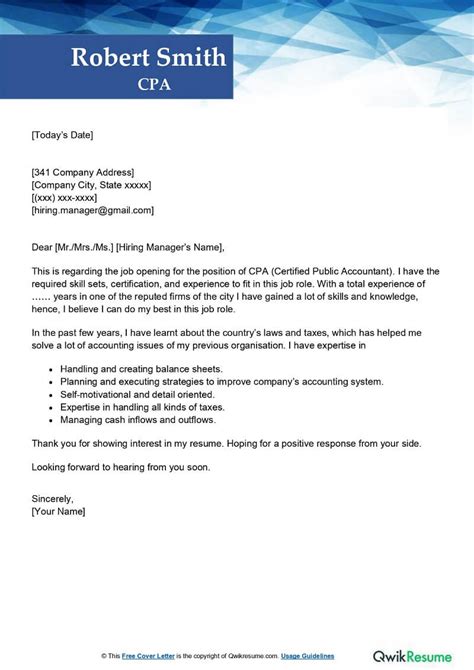 CPA Cover Letter Examples QwikResume