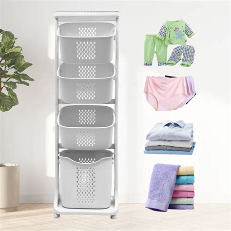 4 Tier Laundry Hamper Tower Space Stand With Wheels Movable Clothes