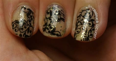 Lovestruck Lacquer Nude Gold Glitter Black Swirly Stamping