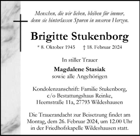 Traueranzeigen Von Brigitte Stukenborg Nordwest Trauer De