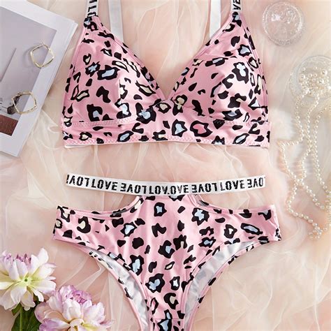 Women S Cute Lingerie Set Plus Size Leopard Print Contrast Letter Tape