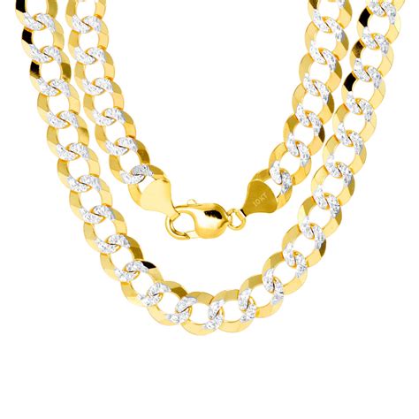 Nuragold 10k Yellow Gold Solid 115mm Cuban Chain Curb Link Diamond Cut Pave Two Tone Necklace