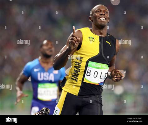 Usain Bolt celebrates winning the 100m meter race aduring the men's ...