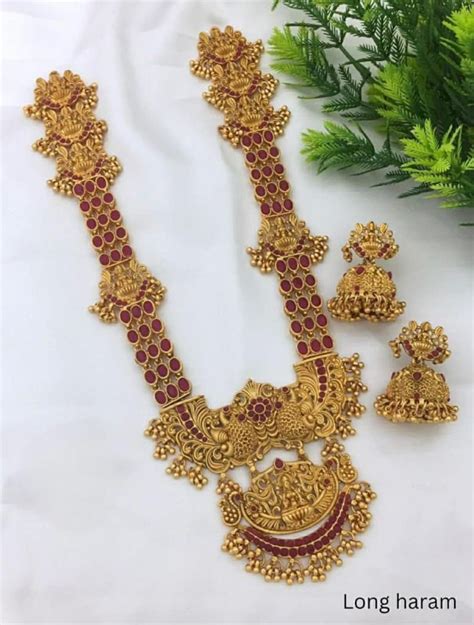 Indian Temple Jewelry Gold Long Haram Necklace Traditional South Indian Jewelry Kemp Stone