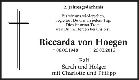 Traueranzeigen Von Riccarda Von Hoegen Trauer In NRW De