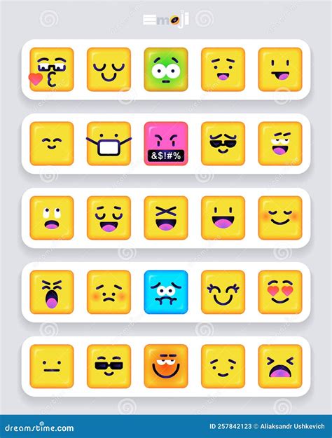 Quadratische Emoticons Gelbe Emoji Steht Vor Emoticon Lächeln Digitalen