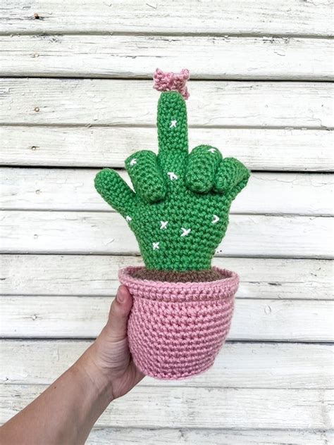 Boho Crocheted Middle Finger Potted Cactus Crocheted Hand Etsy