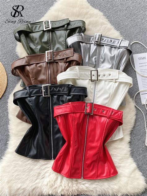 SINGREINY Strapless PU Leather Mini Tops For Women Chic Backless Tank