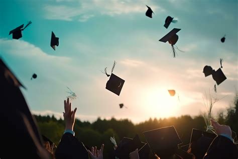 Green Graduation Caps In The Air