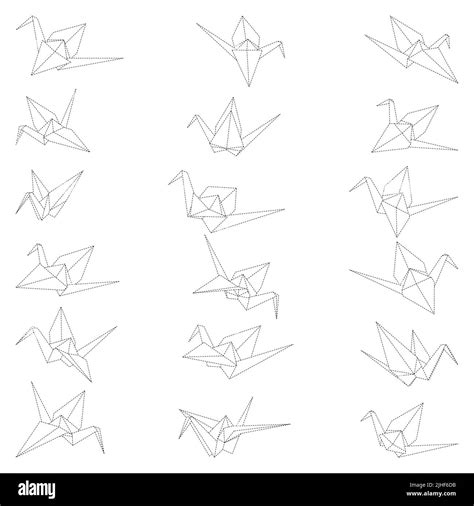 Set Of Origami Crane Vector Outline Dashed Illustration Isolated On