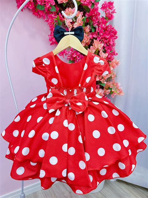 Vestido Infantil Vermelho C Bolinhas Brancas Minnie e Laço Rosa