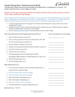 Fillable Online Www2 Cortland Transfer Planning Sheet Business