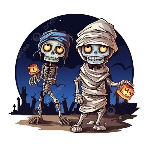 Halloween Mummy And Zombie Cartoon At Night Design Holiday And Scary Theme Illustration Moon