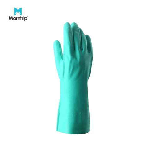 Industrial Safety Flock Lined Green Nitrile Chemical Resistant Gloves