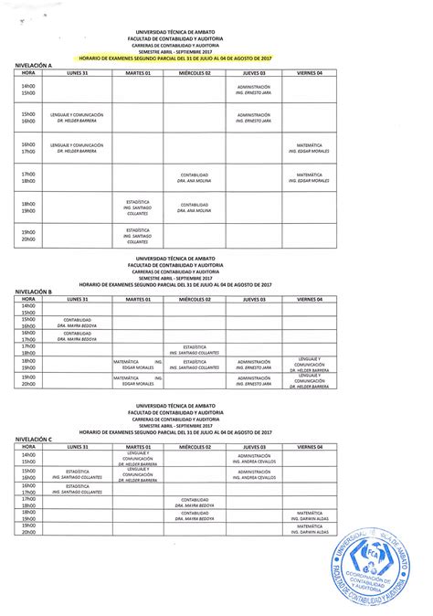 Horarios Segundo Parcial Y Supletorios Conta PDF