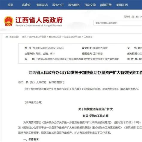 三大盘活重点、六大主要任务！江西加快盘活存量资产，扩大有效投资项目工作相关