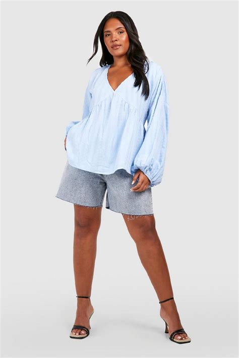 Blue Plus Textured Volume Sleeve V Neck Smock Top Boohoo Uk