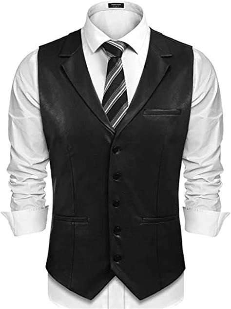 Mens Pu Faux Leather Suit Vest Business V Neck Slim Fit Dress