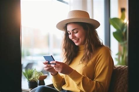 Premium Photo A Woman Sitting On A Couch Looking At Her Cell Phone