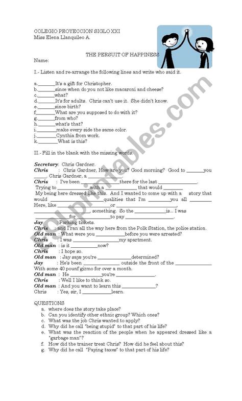 Listening Activities For The Persuit of Happiness - ESL worksheet by sunshower