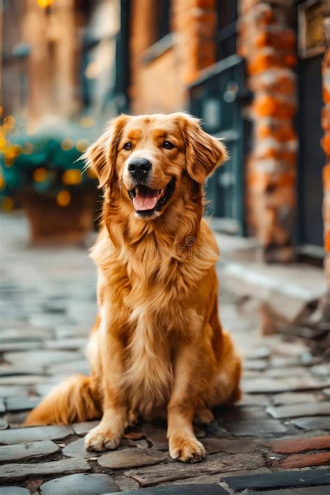 Perro Recuperador De Oro Sentado En Una Calle Adoquinada Ai Generativo