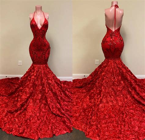 Sexy Backless Red Evening Dresses Halter Deep V Neck Lace Appliques