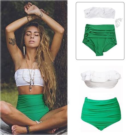 Bikini Push Up Padded Bandeau Top High Waist Bottom Piece Set