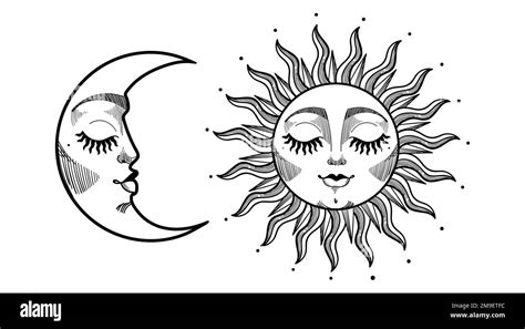 Beautiful Sun And Moon Crescent With Face Vintage Boho Tattoo