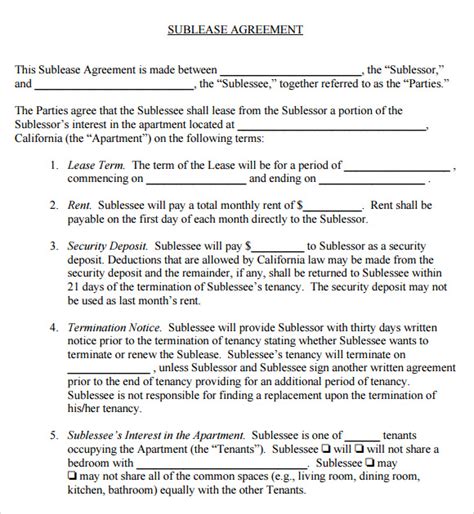 Sublease Agreement Free Samples Examples Format Sample Templates