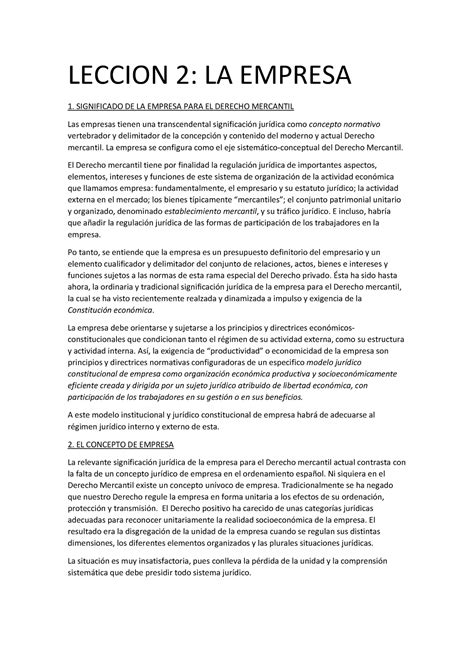 Leccion 2 Apuntes 2 Leccion 2 La Empresa 1 Significado De La Empresa Para El Derecho