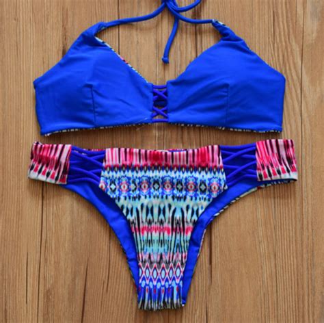 Blue Chest Cross Geometric Two Piece Bikini On Luulla