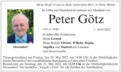 Peter G Tz Traueranzeige Trauer Infranken De