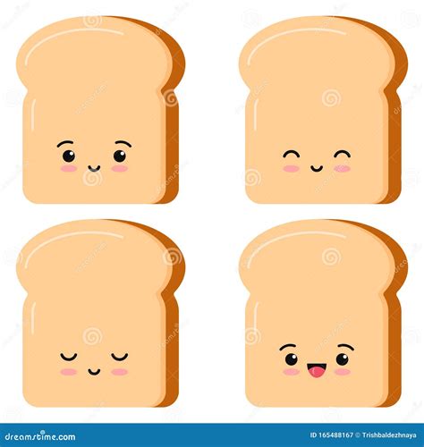 Cute Toasts Bread Kawaii Cartoon Styly Set Isolated On White Background