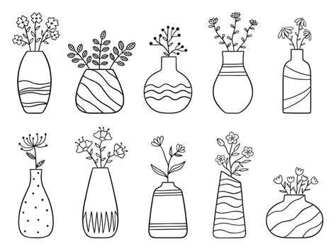 Hand Drawn Set Of Flowers And Branches In A Vase Doodle Home Plants