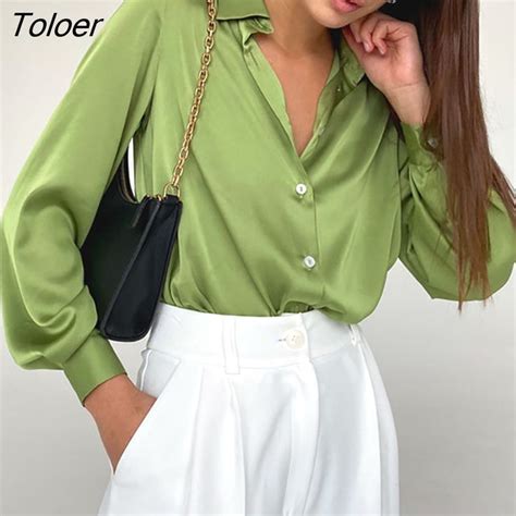 Toloer Office Satin Women S Shirt Polo Collar Elegant Shirts Women