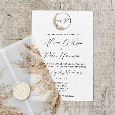 Boho Pampas Grass Vellum Wrap Wedding Invitation Bohemian Etsy