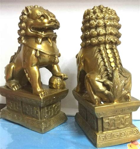 Chinese Foo Dog Lion Fu Bronze Statue Pair Figurines Feng Shui Items