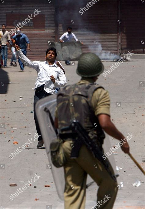 Kashmiri Muslim Protester Throws Stones Indian Editorial Stock Photo