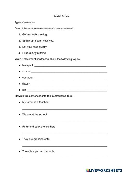 Types Of Sentences Online Activity For Grade Live Worksheets