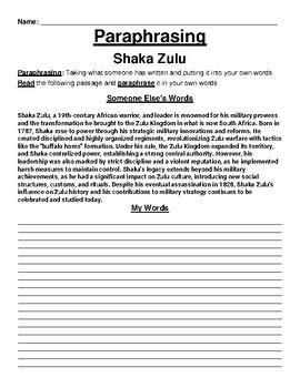 Shaka Zulu Paraphrasing Worksheet By Academic Links TPT