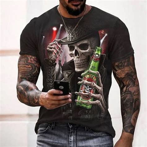 Camiseta De Manga Curta Masculina Crânio 3d E Horror Impresso Casual Moda Tamanho Grande